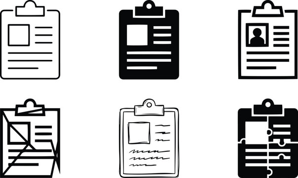 Black and white clipboard document icon variations with profile form checklist lines for resume survey medical record and office design