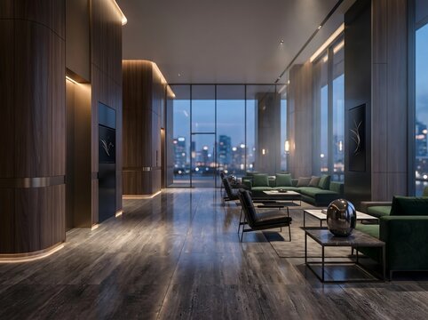 Modern luxury penthouse living room with panoramic night city view