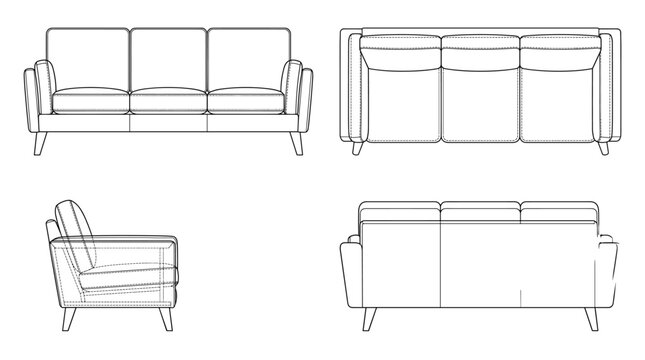 Sofa furniture technical drawing blueprint with front side back and top views CAD line art vector illustration