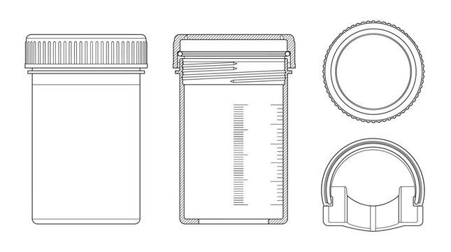 Specimen container medical storage device technical drawing blueprint with front side back and top views CAD line art vector illustration