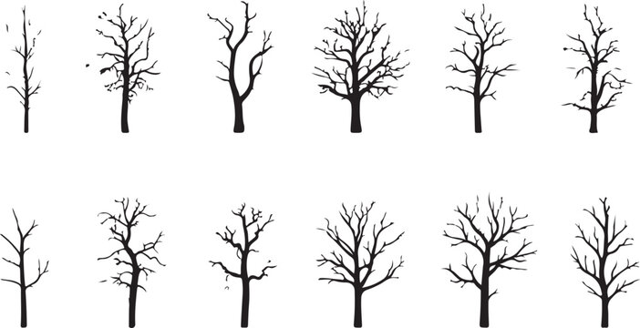 Set of dead tree silhouettes isolated on white background. Simple naked trees vector illustration