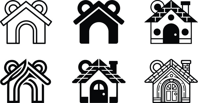 Black and white dog house icon variations with roof door bone inspired shapes for pet home kennel animal design graphics
