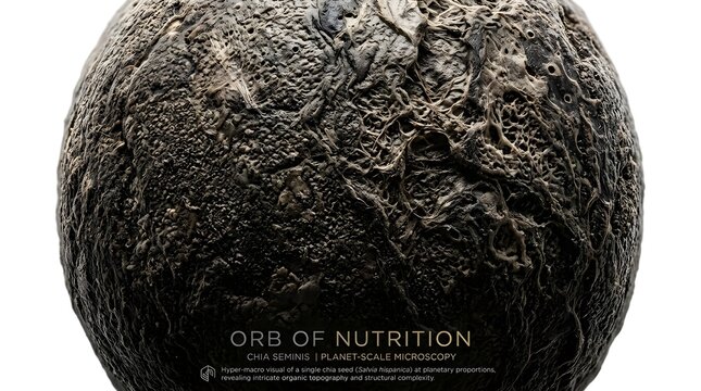Hyper macro planet scale visual of a single chia seed texture, orb of nutrition concept