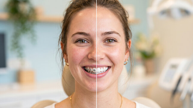 Woman Before and After Orthodontic Treatment with Braces Comparison in Dental Clinic