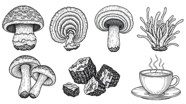 Mushroom Wellness Engraving Collection Hand Drawn Botanical Sketch Set