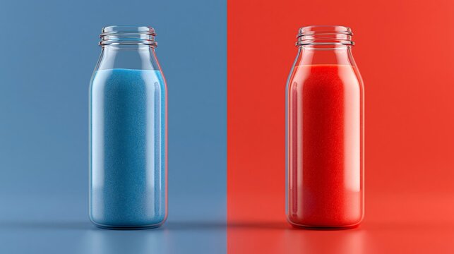 Glass bottles filled with blue and red powder on contrasting blue and red backgrounds, showcasing vibrant colors and clear glass texture in a minimalistic design