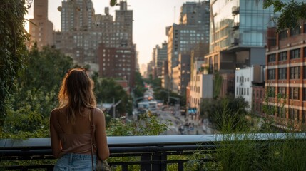 Fototapeta premium A young tourist stands on The High Line, looking out over Manhattan's skyline in golden hour light, blending nature, architecture, and urban emotion.