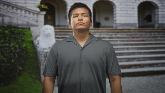 Man stands with chin raised beside a stone lion on building steps, facing camera with relaxed arms; confidence stoicism.