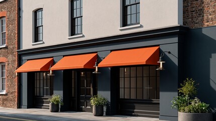 Fototapeta premium Modern building facade with orange awnings, large windows, and potted plants, showcasing a contemporary architectural design in an urban setting