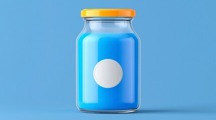 Fototapeta premium Glass jar filled with bright blue liquid, featuring an orange lid and a white label on a solid blue background, ideal for product mockups or design purposes