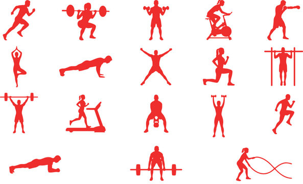 Professional gym fitness and workout exercise icons featuring weightlifting cardio training yoga poses and bodybuilding activities vector illustration set