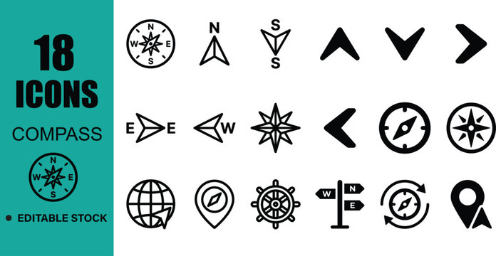 Compass direction icons including nautical symbols globe markers and signpost elements for travel navigation and geography design projects vector collection set graphic.