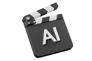 Fototapeta premium 3d AI movie clapperboard icon. artificial intelligence video production concept. black film slate with microchip labeled AI. isolated on white transparent background. 3d render.