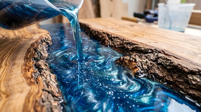 Epoxy resin pouring on wooden table, blue swirl pattern