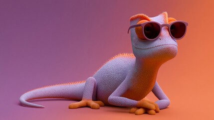 Fototapeta premium Cartoon-style gecko wearing stylish sunglasses poses on a gradient background with vibrant orange and purple hues, showcasing a playful and whimsical character design