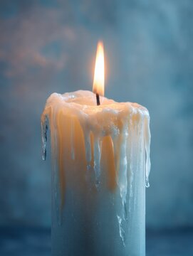 Melting white candle glowing softly against a cool blue background, evoking romance, peace, and wedding ambiance.