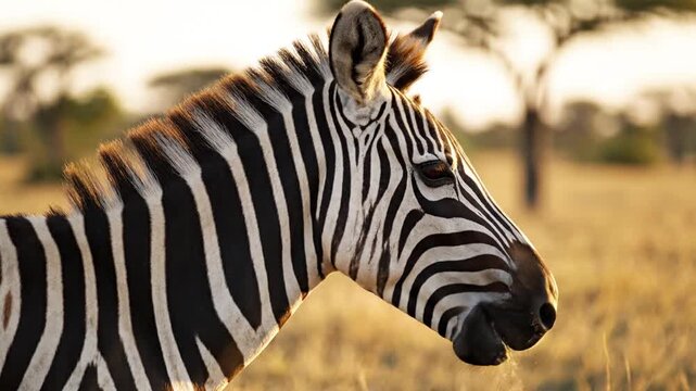 Detailed side profile of a wild zebra showcasing distinct black and white striped patterns during golden hour in the African savanna with soft sunlight and blurred acacia trees.