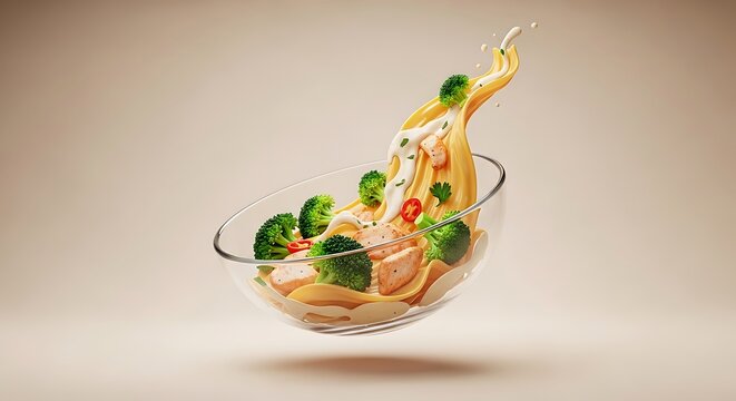 Floating bowl of chicken broccoli ziti pasta dish with creamy sauce splashes in a minimalist studio setting for professional culinary food photography