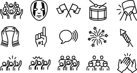 Black line icons of cheering crowd and sports fans © MUKTARANI