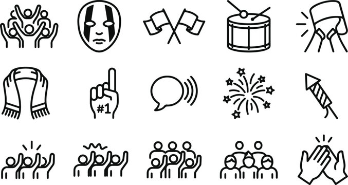 Black line icons of cheering crowd and sports fans