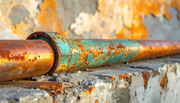 A section of oxidized copper pipe showcasing vibrant green and blue patina resting on weathered concrete with rust details