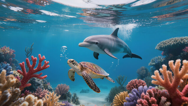 A cute dolphin swimming close to a turtle under the ocean , clear water, beutiful of coral around.