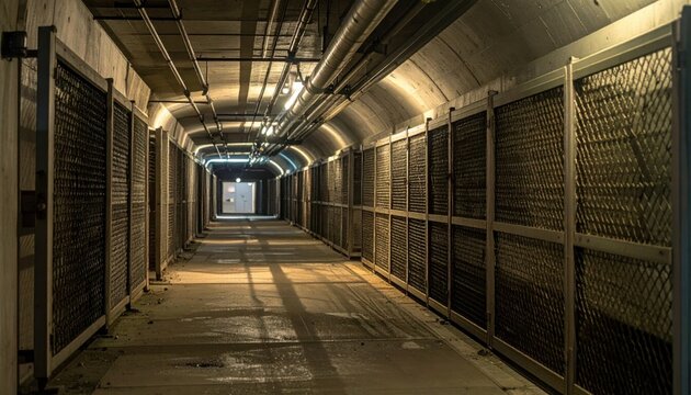 Barricaded ventilation shafts with heavy mesh grates and reinforced frames line a long, dimly lit industrial tunnel leading to an exit.