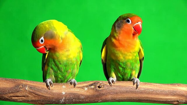 A pair of vibrant lovebirds with colorful plumage perched on a natural branch against a bright green background ideal for pet and wildlife themes