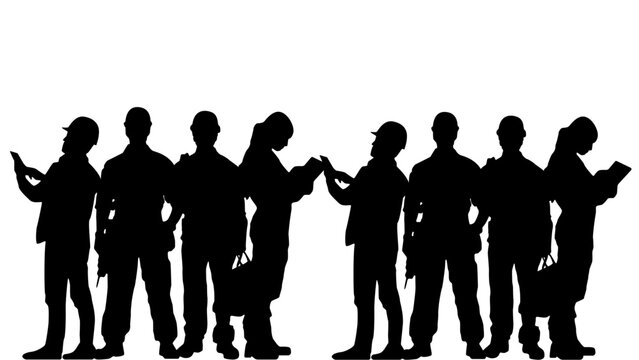 Construction workers standing in a row as black silhouettes against a clean white background represent teamwork, professional labor, and industry collaboration in a modern corporate environment.