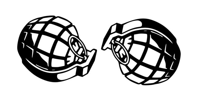 Grenades represented as a pair of explosive weapons are arranged side by side to illustrate the concept of military power or dangerous conflict within a tactical warfare and combat scenario context.