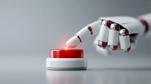 Robotic hand poised to press a red button on a white base, illuminated by a soft glow, against a smooth gray background, symbolizing technology and automation