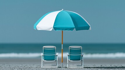 Fototapeta premium Two white beach chairs under a large teal and white striped umbrella on a sandy beach with calm ocean waves in the background