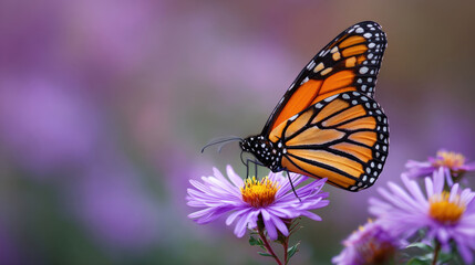 Fototapeta premium Monarch Butterfly with Open Wings Perched on a Purple Aster Flower, Beautiful Insect Wildlife Close-up in a Summer Garden with a Soft Blurred Background, High Quality Photography