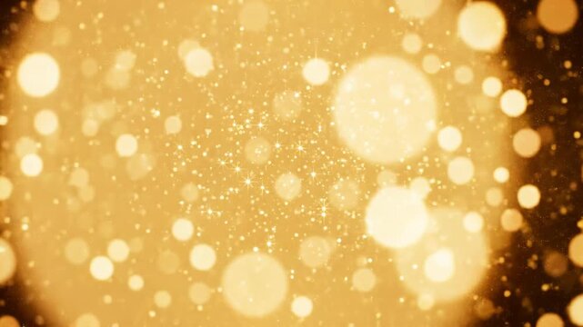 Golden particles and bokeh lights shimmering and dancing in a warm, celebratory atmosphere