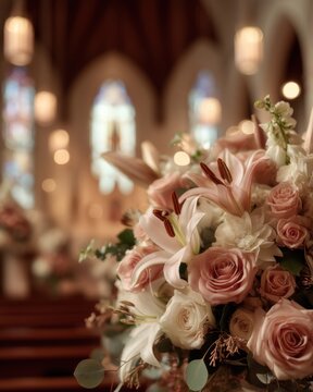 A beautiful bouquet of wedding flowers stands in focus inside a church, with soft blur behind creating a warm, romantic mood.