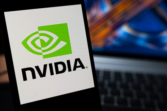 Warsaw, Poland - May 13, 2026: Close-up of NVIDIA logo displayed on a smartphone screen, representing technology and innovation in the graphics processing industry.