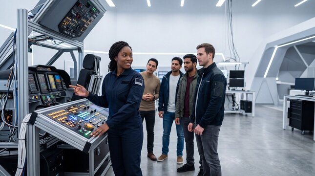 Professional female engineer in a blue flight suit demonstrating a complex control panel to a group of diverse colleagues in a modern aerospace research facility