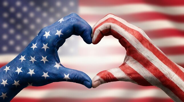 Hands painted with american flag colors forming a heart shape