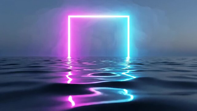 Neon pink and blue glowing square portal over calm water surface at dusk