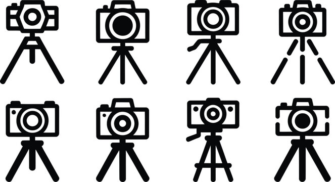 Black Camera Tripod Stand Lens Photo Art Sign Icon Set
