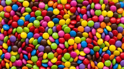 Obraz premium Full Frame Background of Colorful Chocolate Candy Buttons in Rainbow Colors