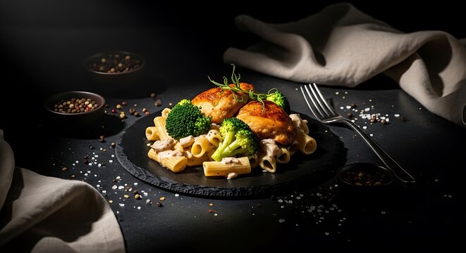 A gourmet plate of chicken broccoli ziti featuring tender roasted chicken breast pieces served over creamy pasta with fresh steamed broccoli florets