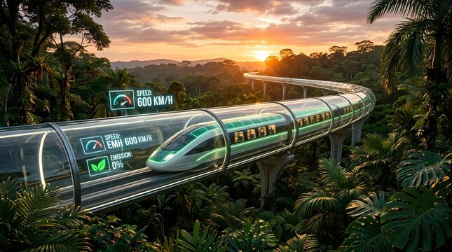 Sustainable high speed maglev train traveling through lush tropical rainforest at sunset