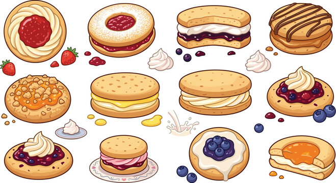 Delicious cookie sandwich and biscuit vector set with jam, cream fillings, fresh berries, fruit toppings, sweet pastries collection