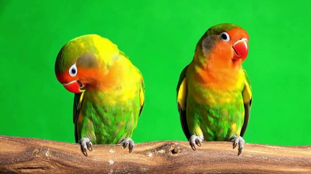 Two colorful lovebirds with vibrant plumage perched on a branch against a green screen background ideal for chroma key compositing and pet-related designs
