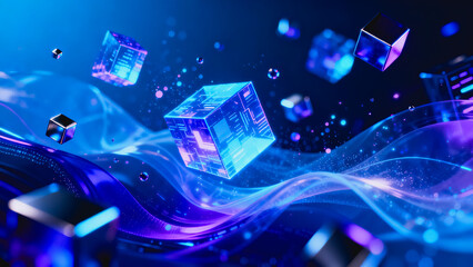 This 3D rendered background features glowing neon cubes and flowing digital data waves, creating a futuristic sci-fi tech atmosphere for digital and science projects. © fanjianhua