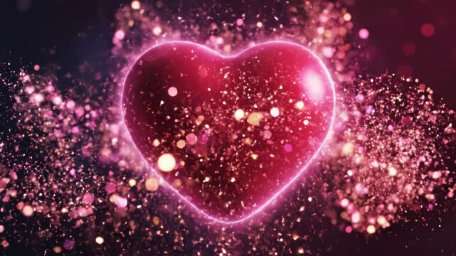 Red glossy heart with a central luminous lens flare and vertical falling golden particle trails against a dark red background with soft bokeh and atmospheric lighting.