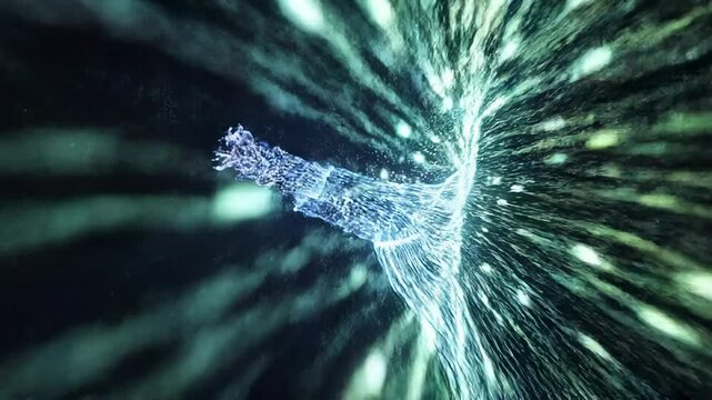 Abstract swirling particles and light streaks creating a dynamic tunnel effect