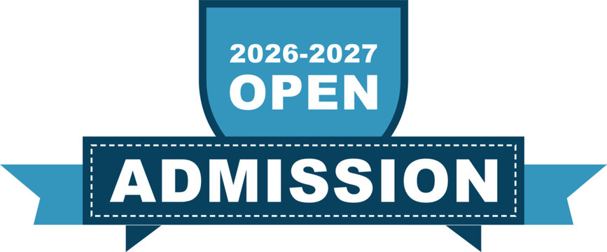 Educational open admission badge for 2026-2027 academic year. Blue shield and ribbon design. Flat vector graphic for schools.