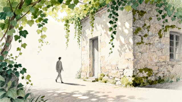 Person walking near stone house with ivy